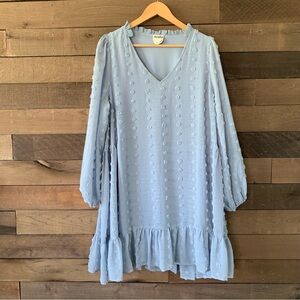 Arula Women's Swiss Dot Pom Pom Texture Long Sleeve Dress in Sky Blue